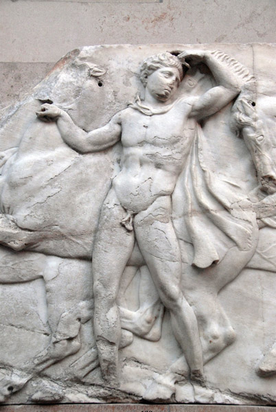 Parthenon North Frieze XLVII figure 133 - horseman waits in readiness looking back at an unprepared comrade,