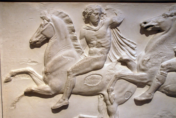 Casts of the west frieze of the Parthenon made in 1802 displayed in a room adjacent to the Elgin Marbles, British Museum