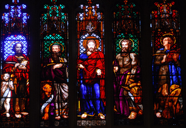 Stained glass window of Jesus and the 4 Evangelists, Trinity Church