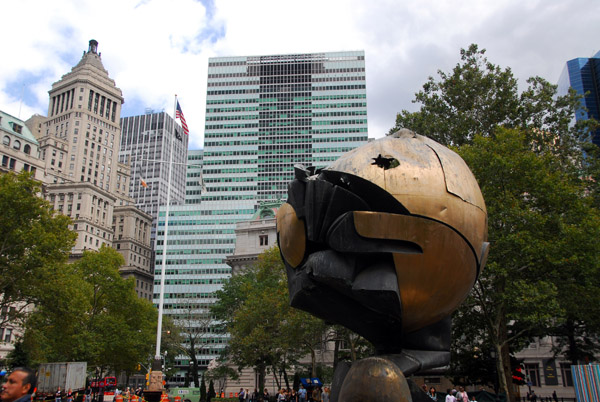 Battery Park with the Sphere monument from the World Trade Center