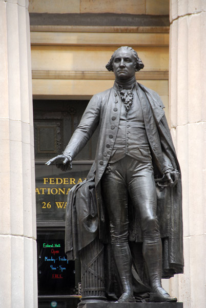 In front of Federal Hall where George Washington took the Oath of Office as 1st President of the USA in 1789