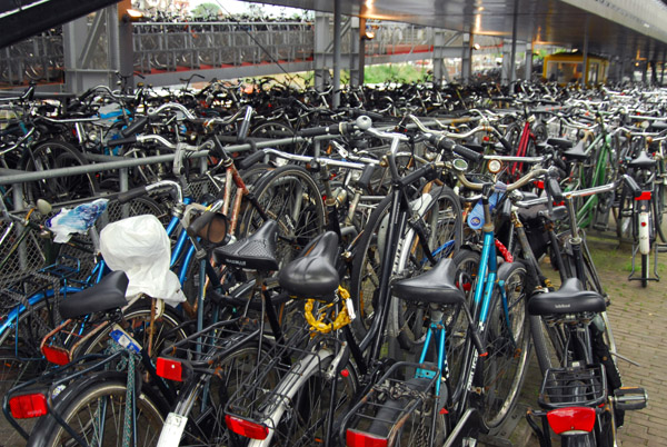 Thousand of Amsterdam city bikes parked near the central station