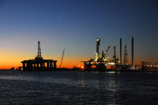 Oil platforms, Port of Galveston after sunset