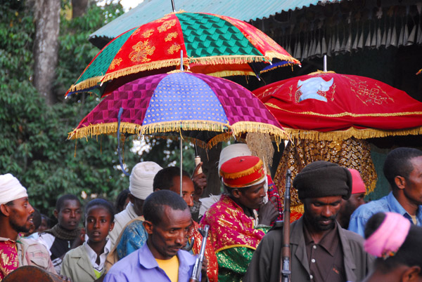 Processional umbrellas, Timkat, Debre Maryam, Lake Tana