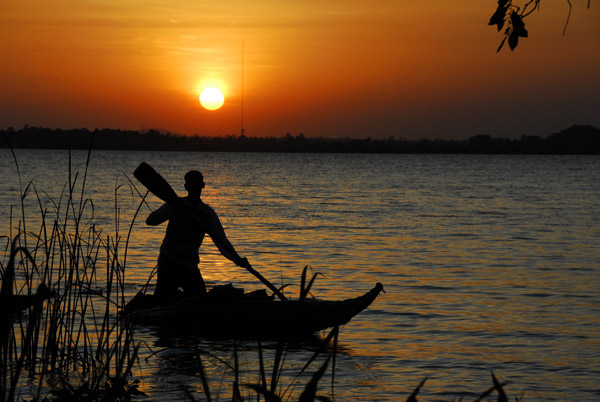 Boy paddling a papyrus reed boat at sunset, Lake Tana
