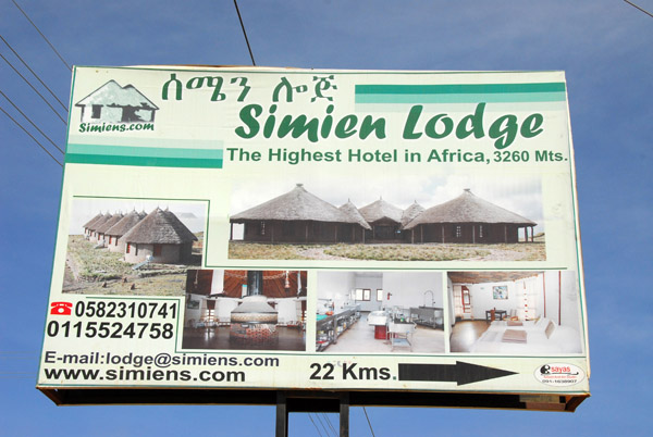 We chose Simien Lodge, 22 km NE of Debark