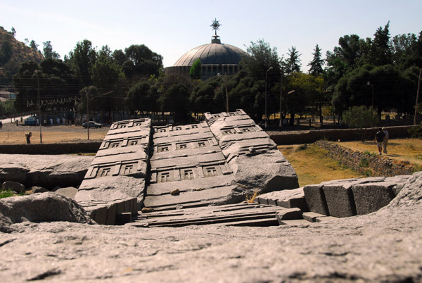The fallen Great Stelae with the New Church of St. Mary of Zion, Axum