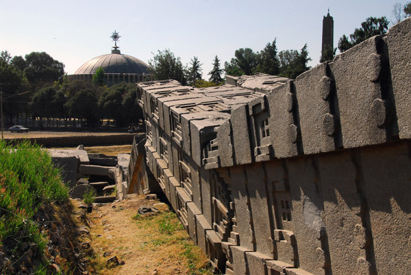 The fallen Great Stelae with the New Church of St. Mary of Zion, Axum