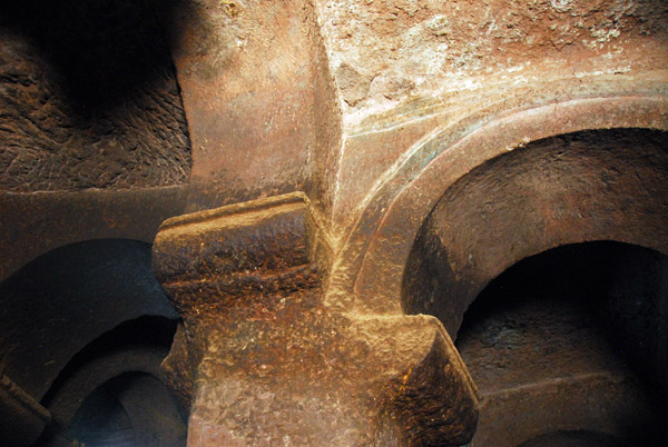 Column, arches and ceiling, interior of Bet Danagehel, Lalibela