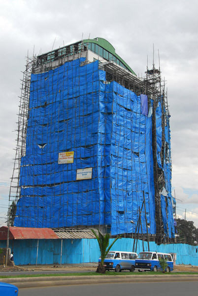 Building wrapped in blue, Churchill Avenue