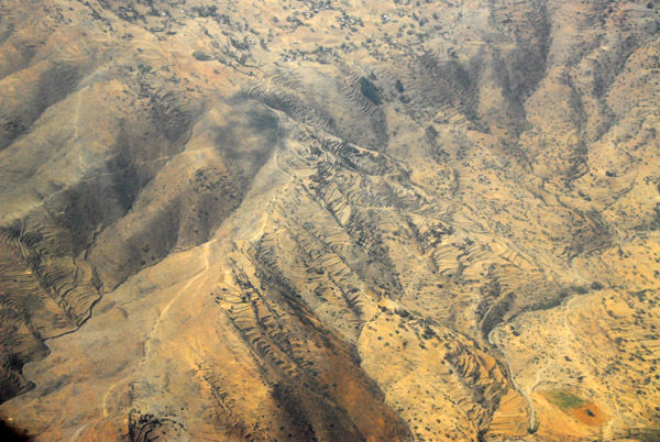 Partially terraced hillsides in the Ethiopian Highlands south of Axum