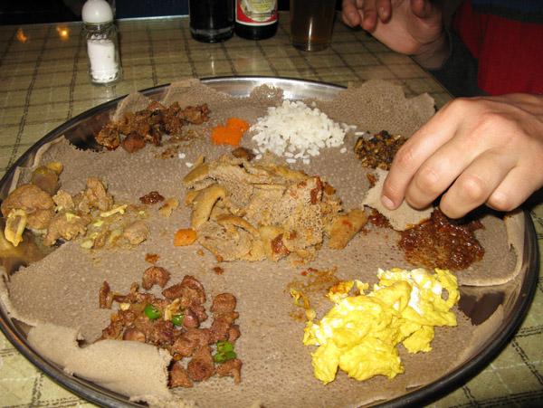 Traditional Ethiopian food for dinner at the Africa Hotel