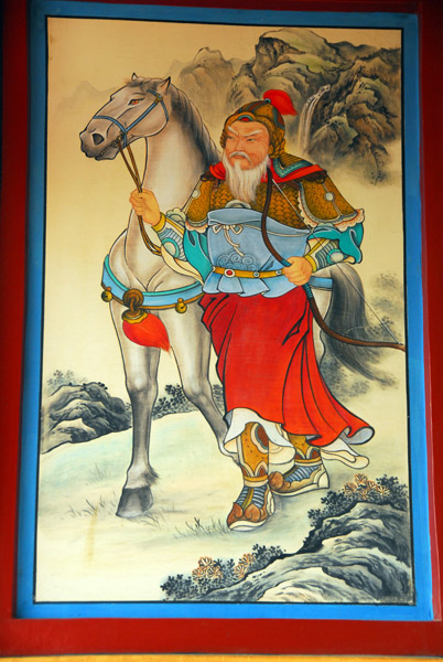 Painting of an old warrior with a bow leading a horse