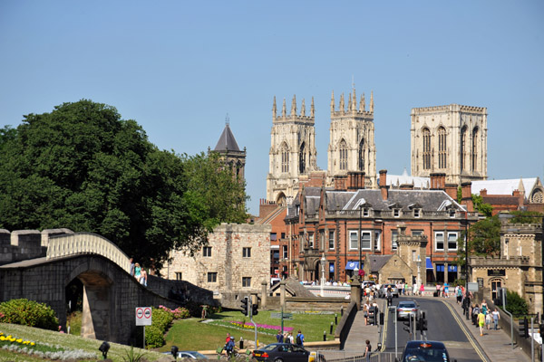 Towers of York Minster from inside the city wall near the railway station