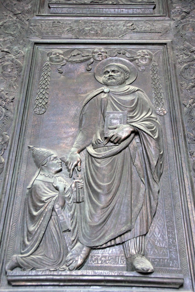 Bronze panel of St. Peter consigning the keys to Pope Eugenius IV