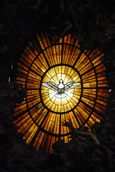 Alabaster window of the Holy Spirit as a dove above St. Peter's Chair