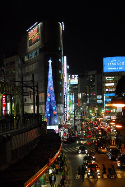 Ueno with a lighted Christmas tree