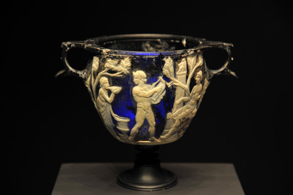 Cameo glass skyphos (wine cup) with scenes of Bacchus and Ariadne, Roman 25BC-25AD