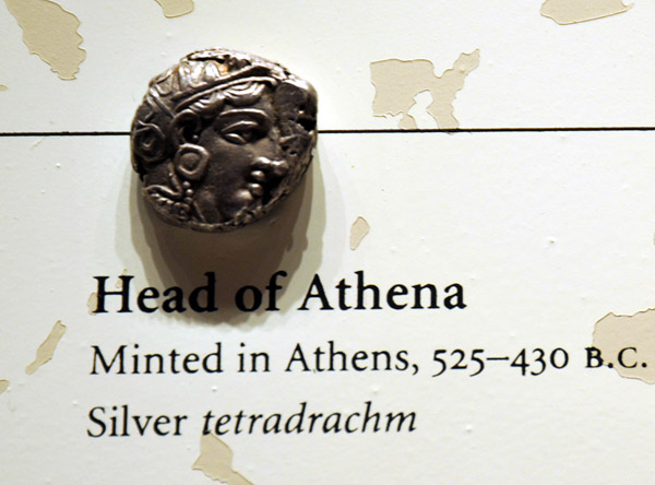 Silver tetradrachm with the head of Athena minted in Athens, 525-430 BC