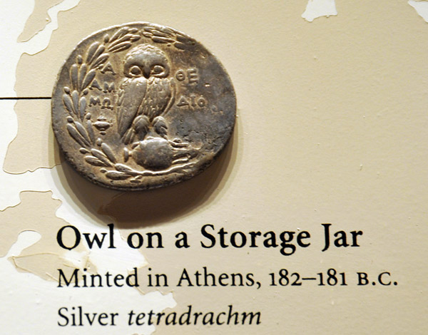 Silver tetradrachm with an owl on an amphora minted in Athens 182-181 BC