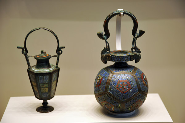 Unguentarium (cosmetics container) and aryballos (vessel for scented oil), bronze and enamel, Gallo-Roman 70-250 AD
