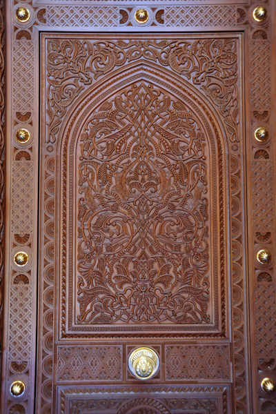 Detail of the carved wooden doors to the main prayer hall