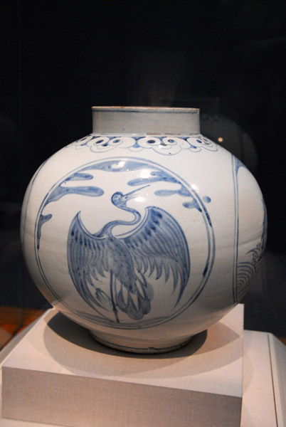 Choson period porcelain jar with a cobalt blue crane, 19th C. Korea