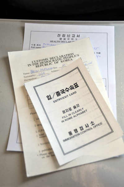 Paperwork for arrival in the DPRK