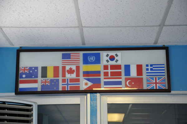 Flags of the Republic of Korea, the USA, the UN, and the countries who fought on the UN side during the Korean War