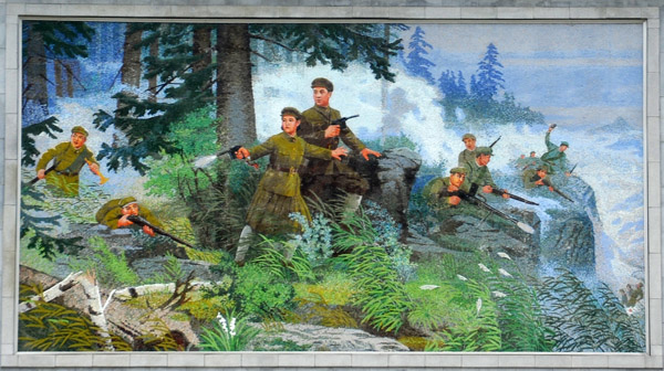 Mosaic of Kim Il Sung and Kim Jong-suk (his first wife) resisting the Japanese occupation