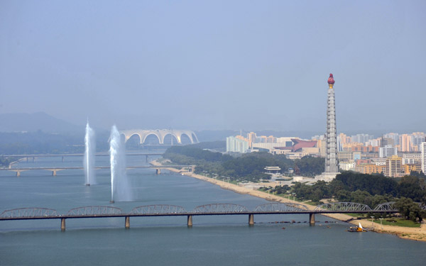 Fountains in the Taedong River in front of Juche Tower, Pyongyang