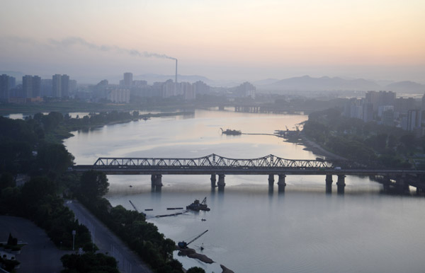 Taedong River looking south from the Yanggakdo Hotel, Pyongyang