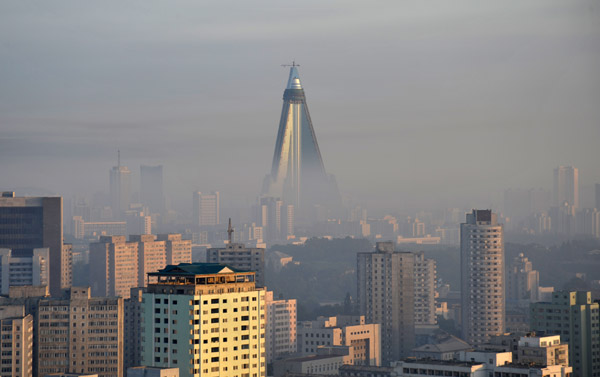 Ryugyong Hotel rising above the early morning mist