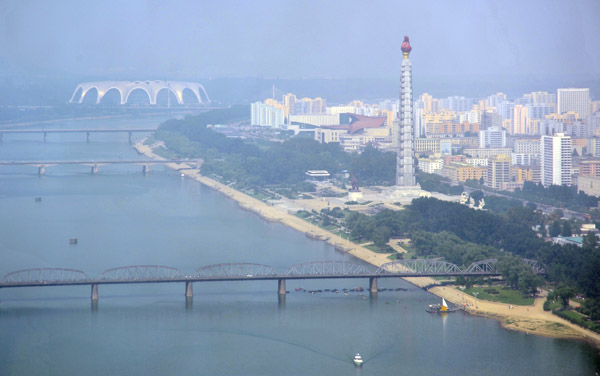 Juche Tower, Taedong River and May Day Stadium from Yanggakdo Hotel