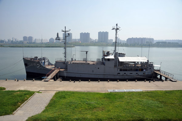 Armed U.S. Spy Ship Pueblo moored in the Taedong River as a North Korean trophy
