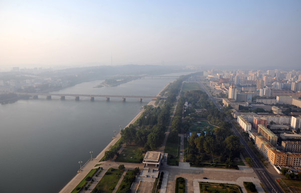 Looking north along the Taedong River from Juche Tower, Pyongyang