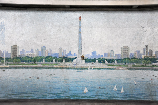 Juche Tower mosaic, Yongwang Station, Pyongyang Metro