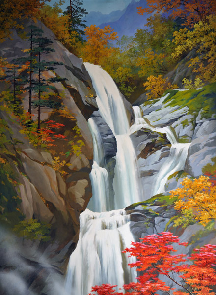 Paintings of the Mt. Myohyang waterfalls in the Hyangsan Hotel