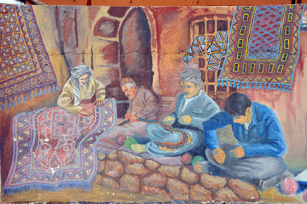 Mural of Kurdish men weaving carpets, Salahaddin University, Erbil