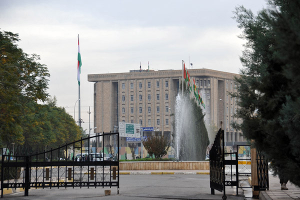 Kurdistan Parliament seen from the entrance to Sami Abdul-Rahman Park, Erbil
