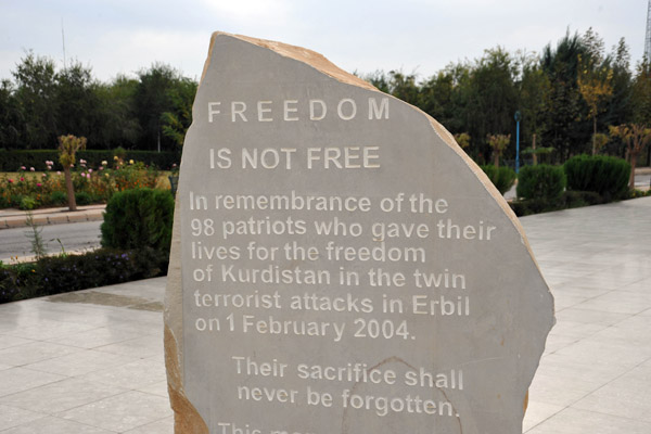 Freedom Is Not Free - memorial to the 98 victims of twin terrorist attacks in Erbil, 1 Feb 2004