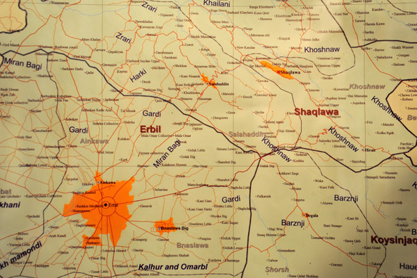 Map of Erbil and the area of Kurdistan to the northeast