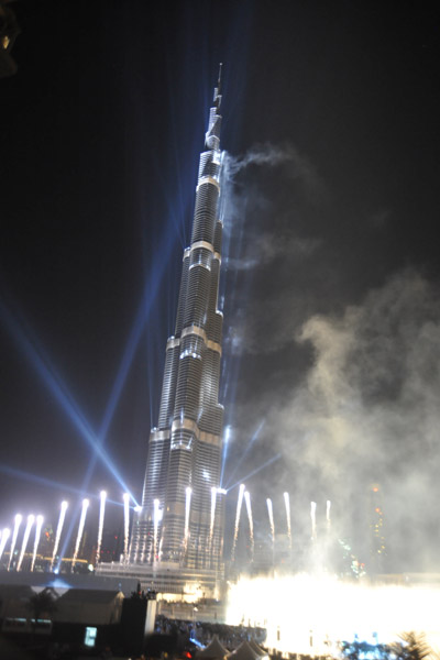 Fireworks shoot up from the base of Burj Khalifa