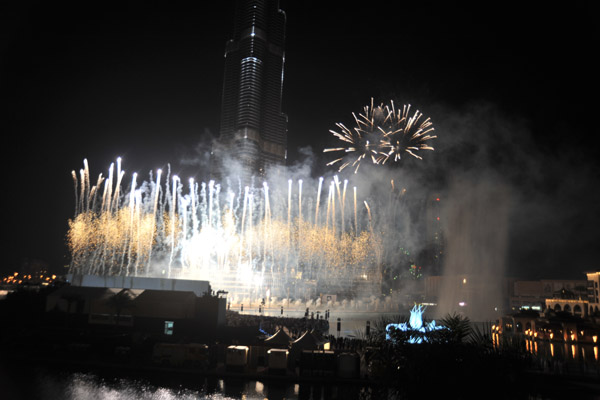 Fireworks around the base of Burj Khalifa for the inauguration