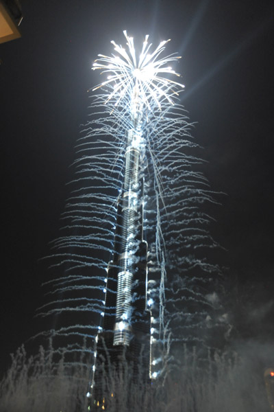 Bright fireworks at the top of Burj Khaifa