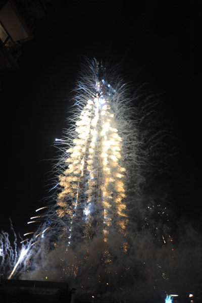 Sparkling Pyrotechnics work their way up the tower