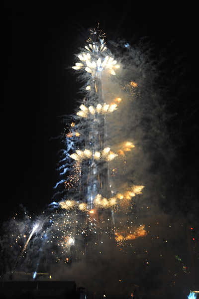 Fireworks in a spiral pattern around Burj Khalifa