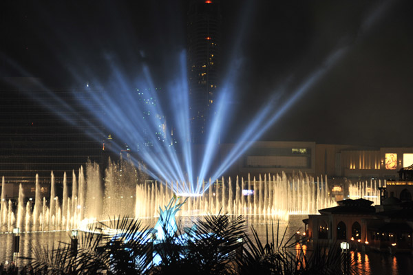 Dubai Fountain in front of the Dubai Mall with spotlights, Burj Khalifa Grand Opening