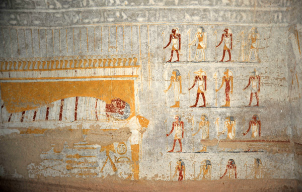 Gods of the Egyptian pantheon facing the mummy of Queen Qalhata