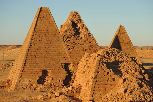 Three of the well preserved Karima pyramids with one with a collapsed top